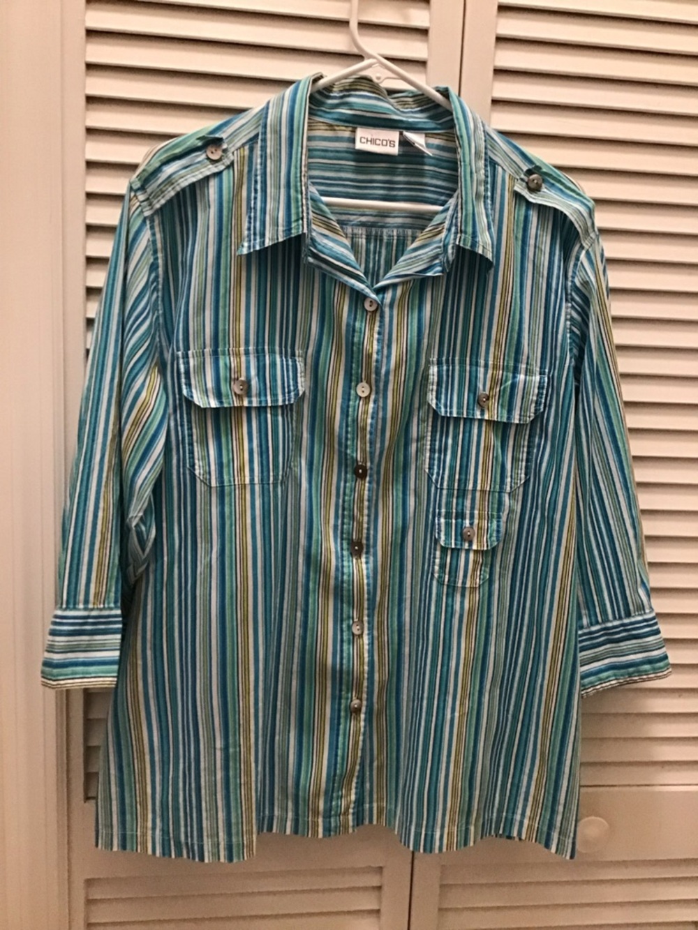 Chico's Striped Cotton Button Shirt in Teal, Aqua and White